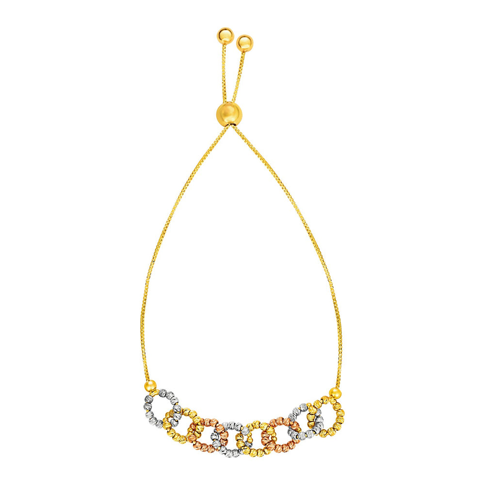 Adjustable Bracelet with Beaded Chain Links in 14k Tri Color Gold