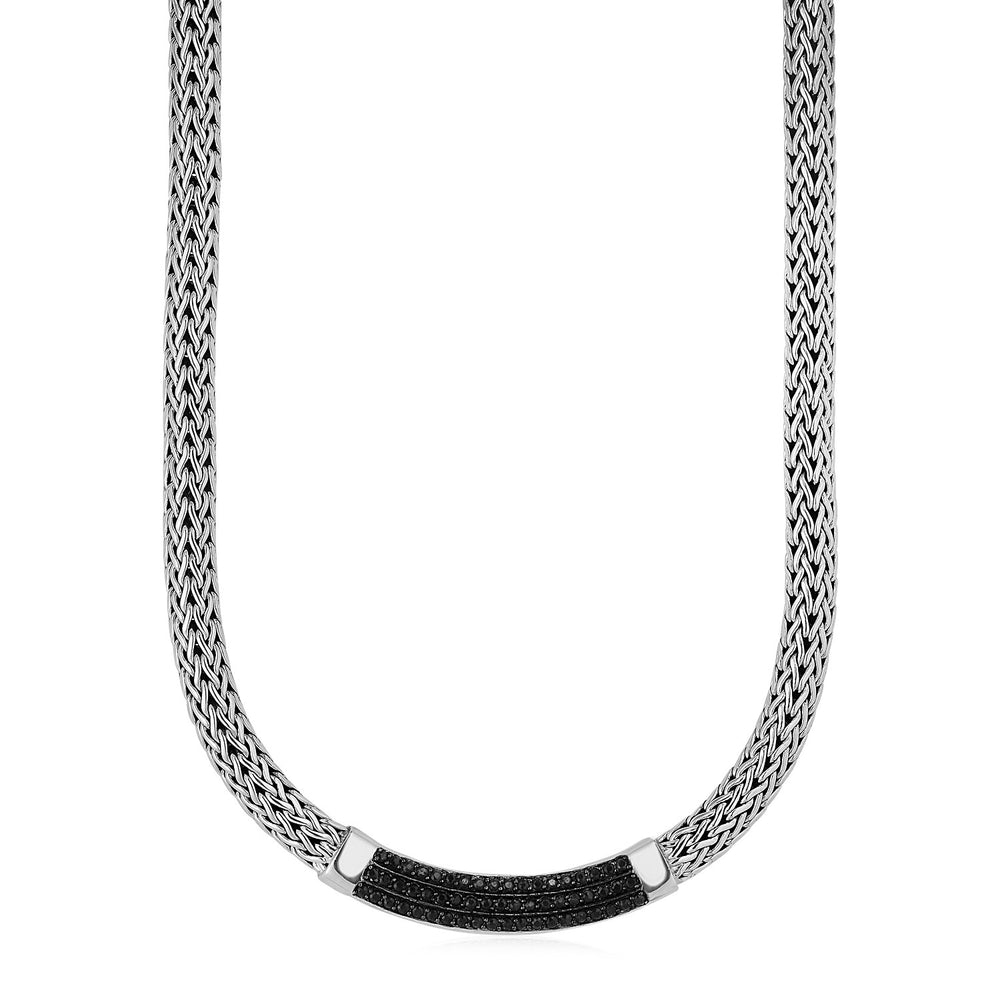 Wide Woven Rope Necklace with Black Sapphire Accents in Sterling Silver