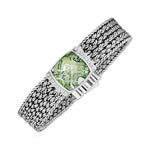Wide Woven Bracelet with Green Amethyst and White Sapphires in Sterling Silver