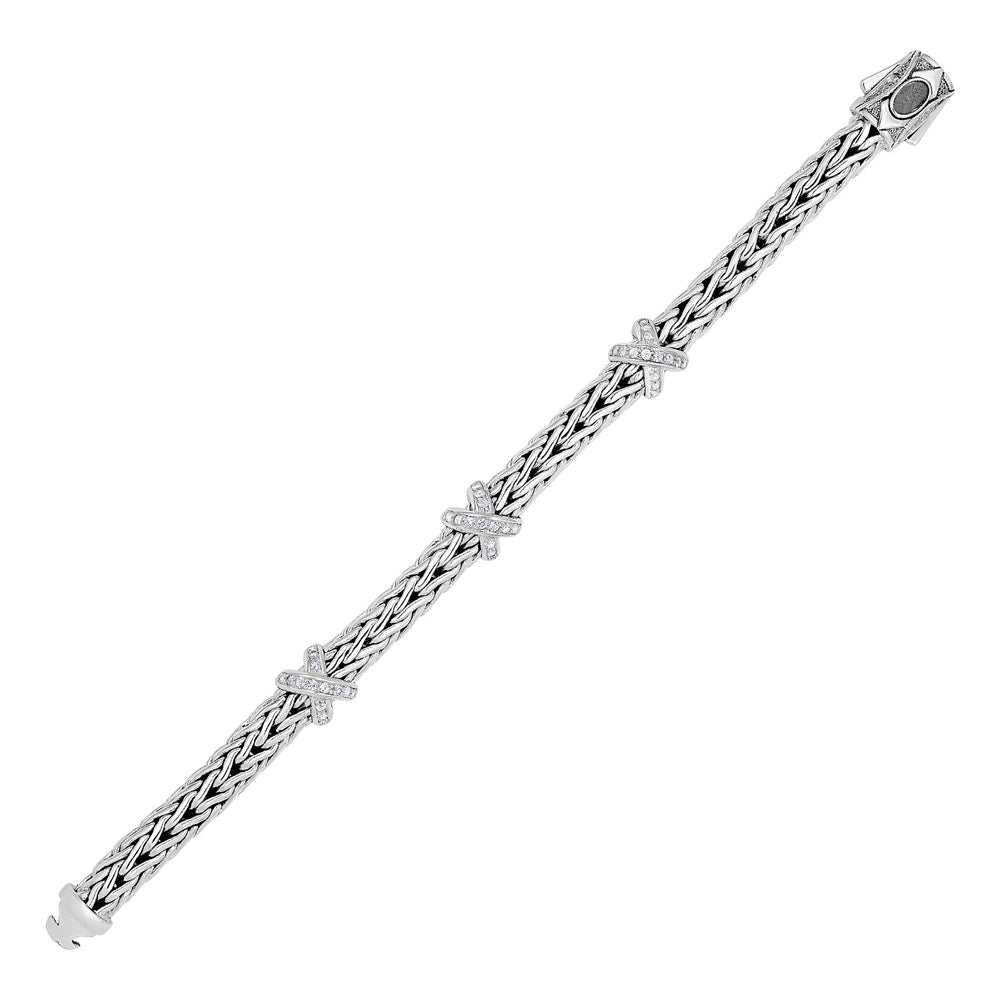Wide Woven Rope Bracelet with White Sapphire X Accents in Sterling Silver