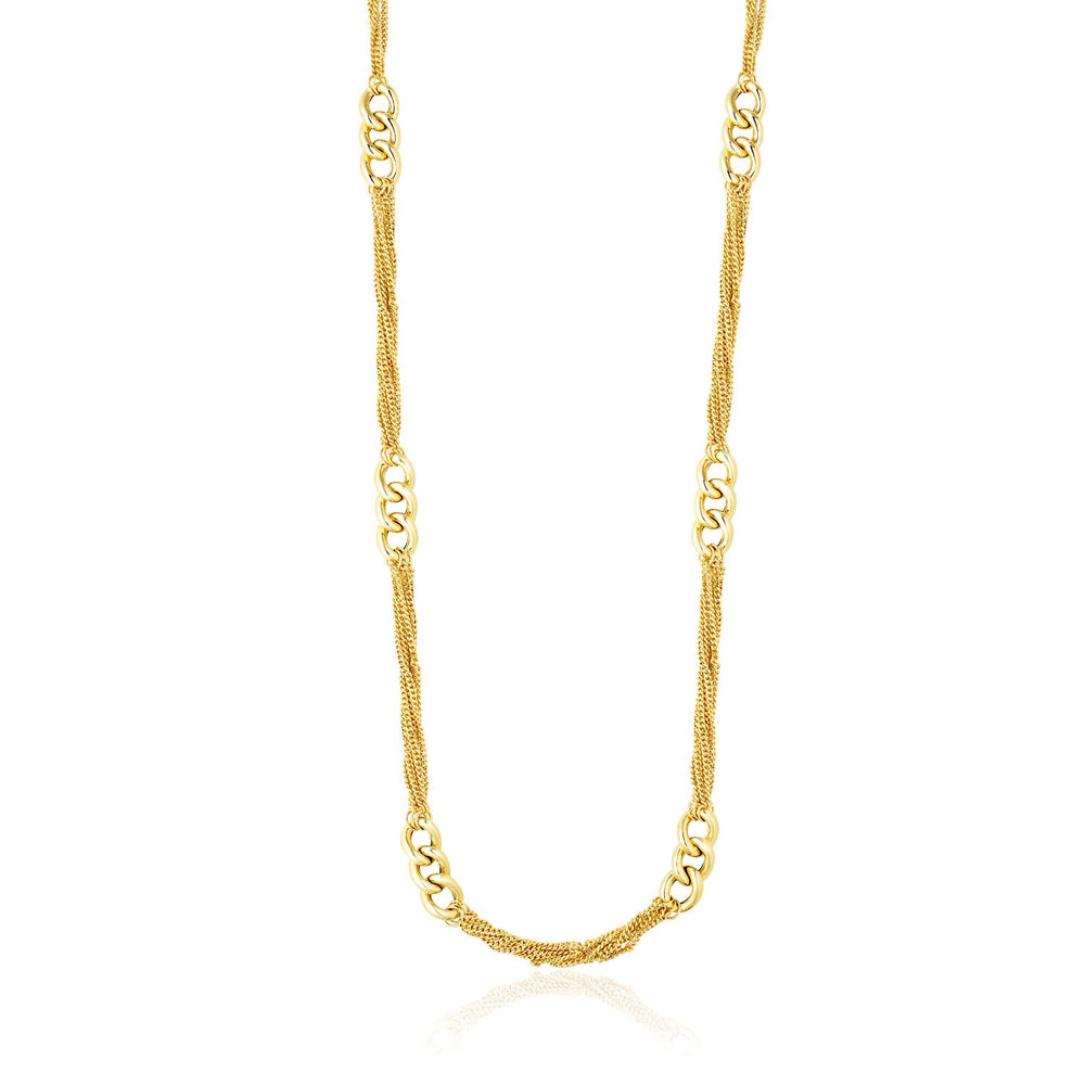 14k Yellow Gold Necklace with Cluster Curb Chains and Oversized Link Stations