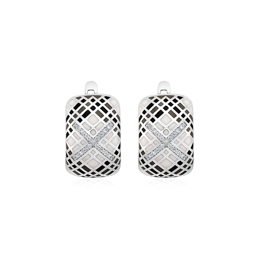 Plaid Motif Earrings with Enamel and Cubic Zirconia in Sterling Silver
