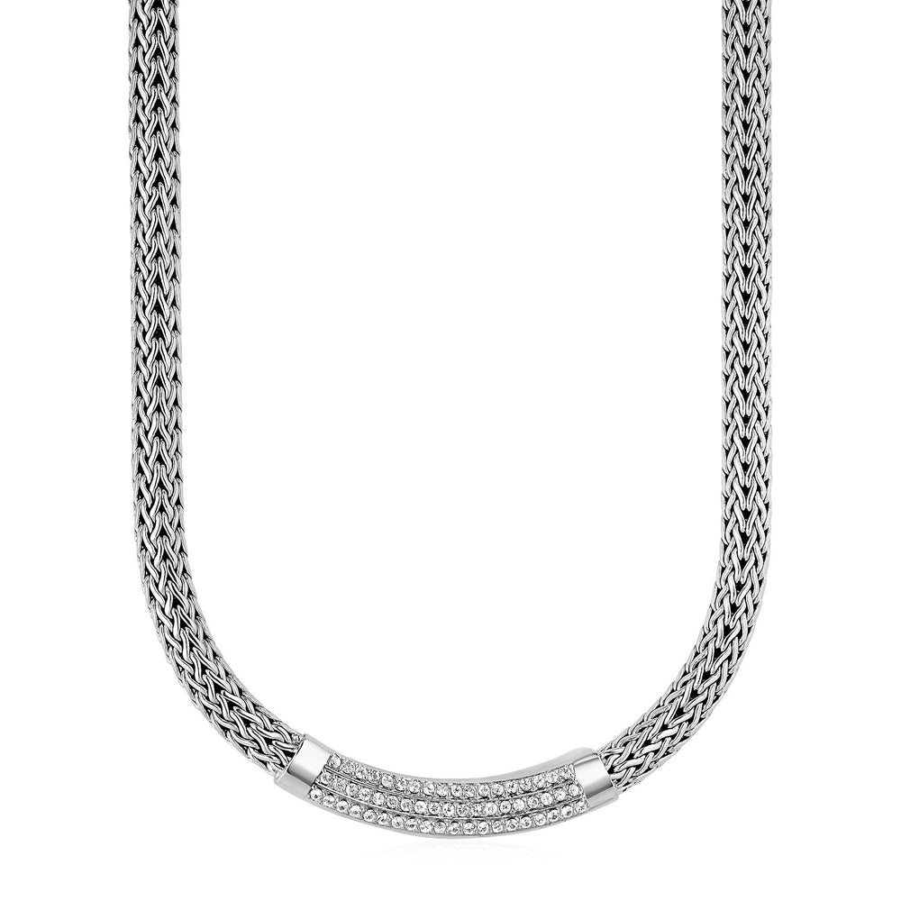 Wide Woven Rope Necklace with White Sapphire Accents in Sterling Silver