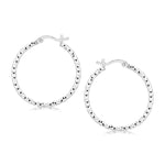 Sterling Silver Faceted Motif Hoop Earrings with Rhodium Plating