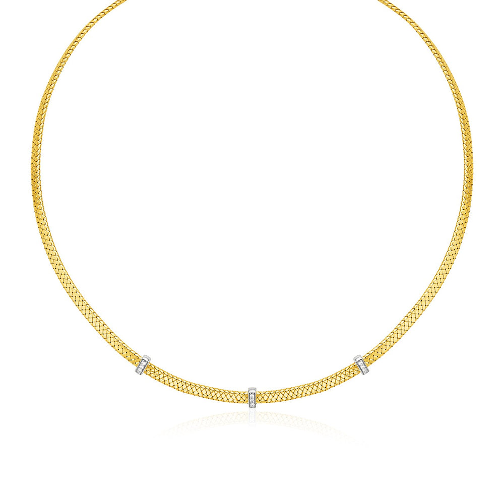 14k Two Tone Gold Basket Weave Necklace with Diamonds