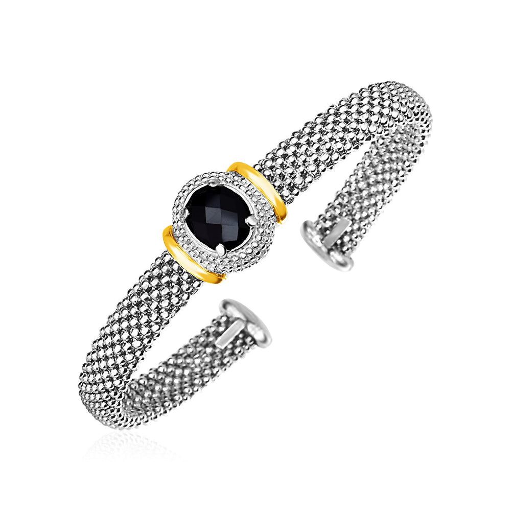 Popcorn Cuff Bangle with Oval Onyx in Sterling Silver and 18k Yellow Gold