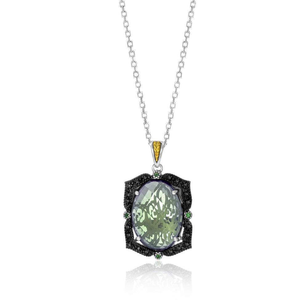 18k Yellow Gold & Sterling Silver Oval Amethyst,  Tsavorite,  & Diamond Pendant