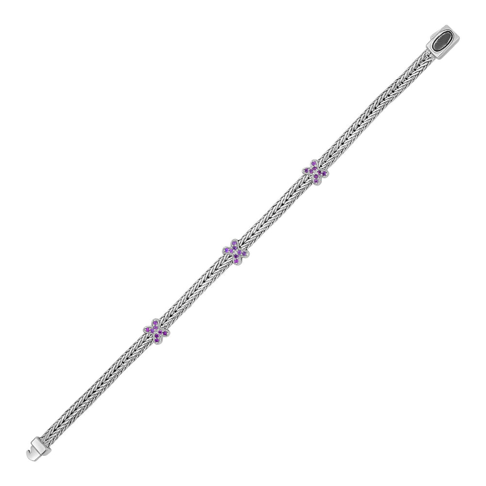 Woven Rope Bracelet with Pink Sapphire X Accents in Sterling Silver