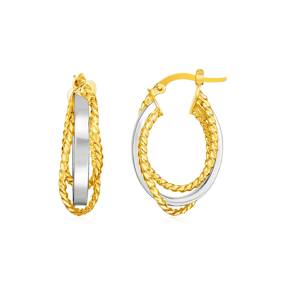 14k Two Tone Gold Three Part Shiny and Textured Oval Hoop Earrings