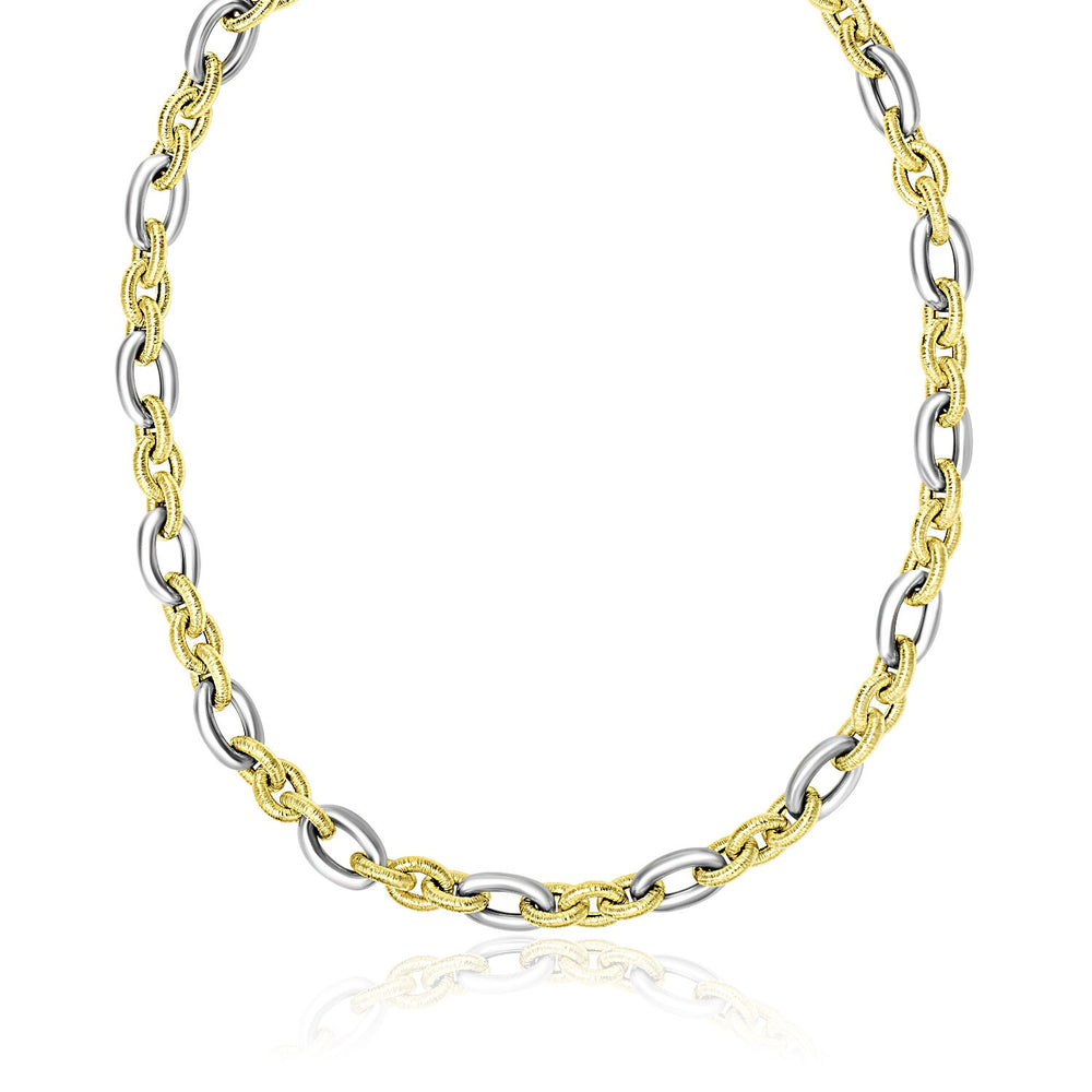 14k Two-Tone Gold Textured and Smooth Oval Chain Necklace