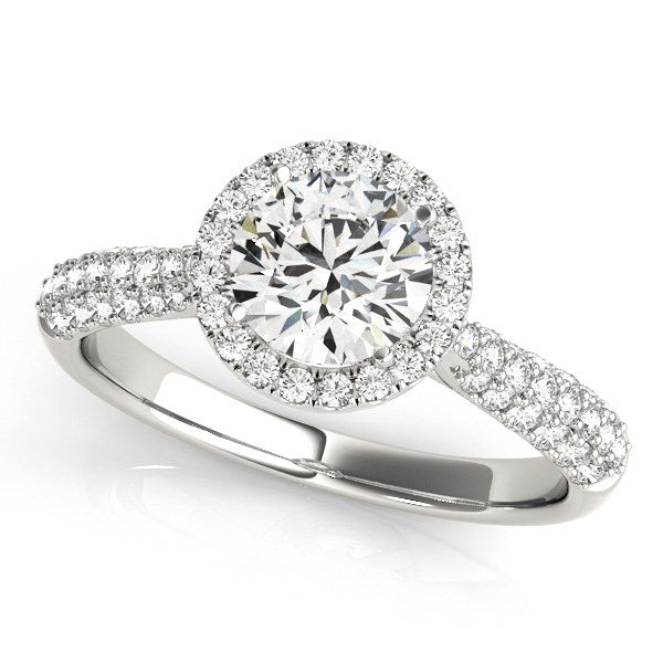14K White Gold Halo Round Diamond Engagement Ring with Graduated Pave Band (1 1/3 ct. tw.)