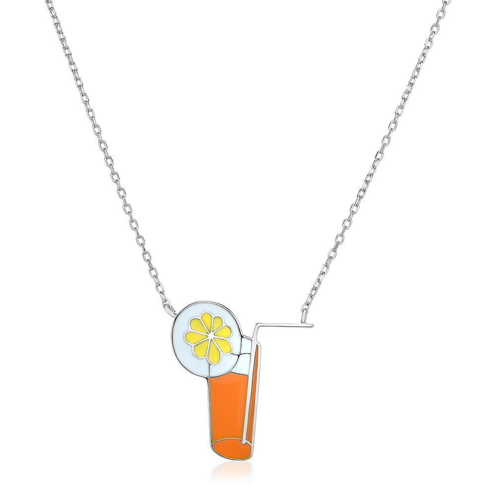 Sterling Silver 18 inch Necklace with Enameled Orange Tropical Drink