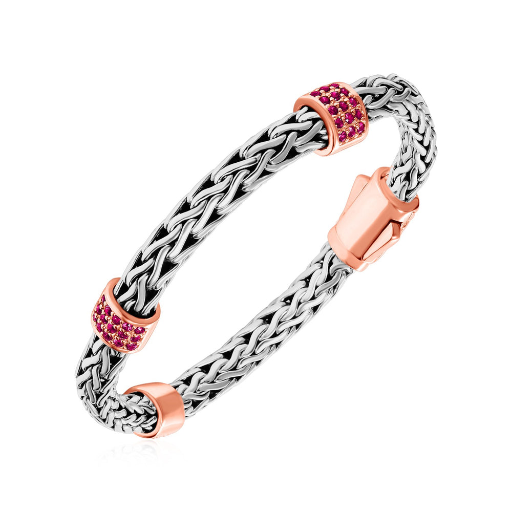 Woven Bracelet with Rose Finish Accents and Pink Sapphires in Sterling Silver