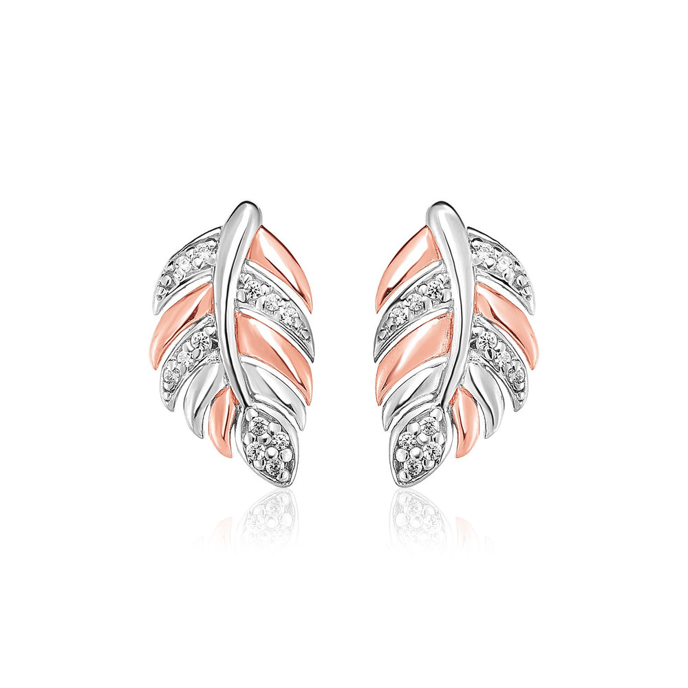 Sterling Silver Two Toned Leaf Earrings with Cubic Zirconias