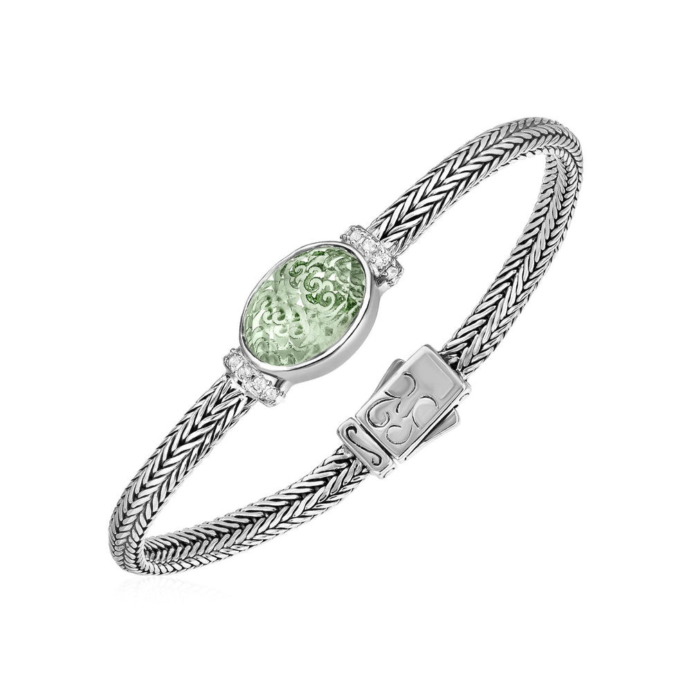 Woven Rope Bracelet with Green Amethyst and White Sapphires in Sterling Silver