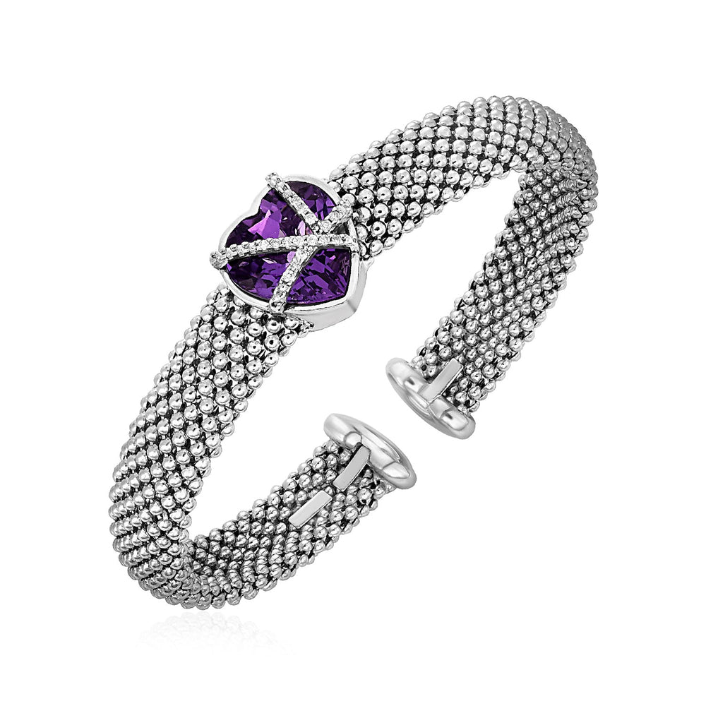 Popcorn Texture Cuff Bangle with Amethyst and Diamonds in Sterling Silver