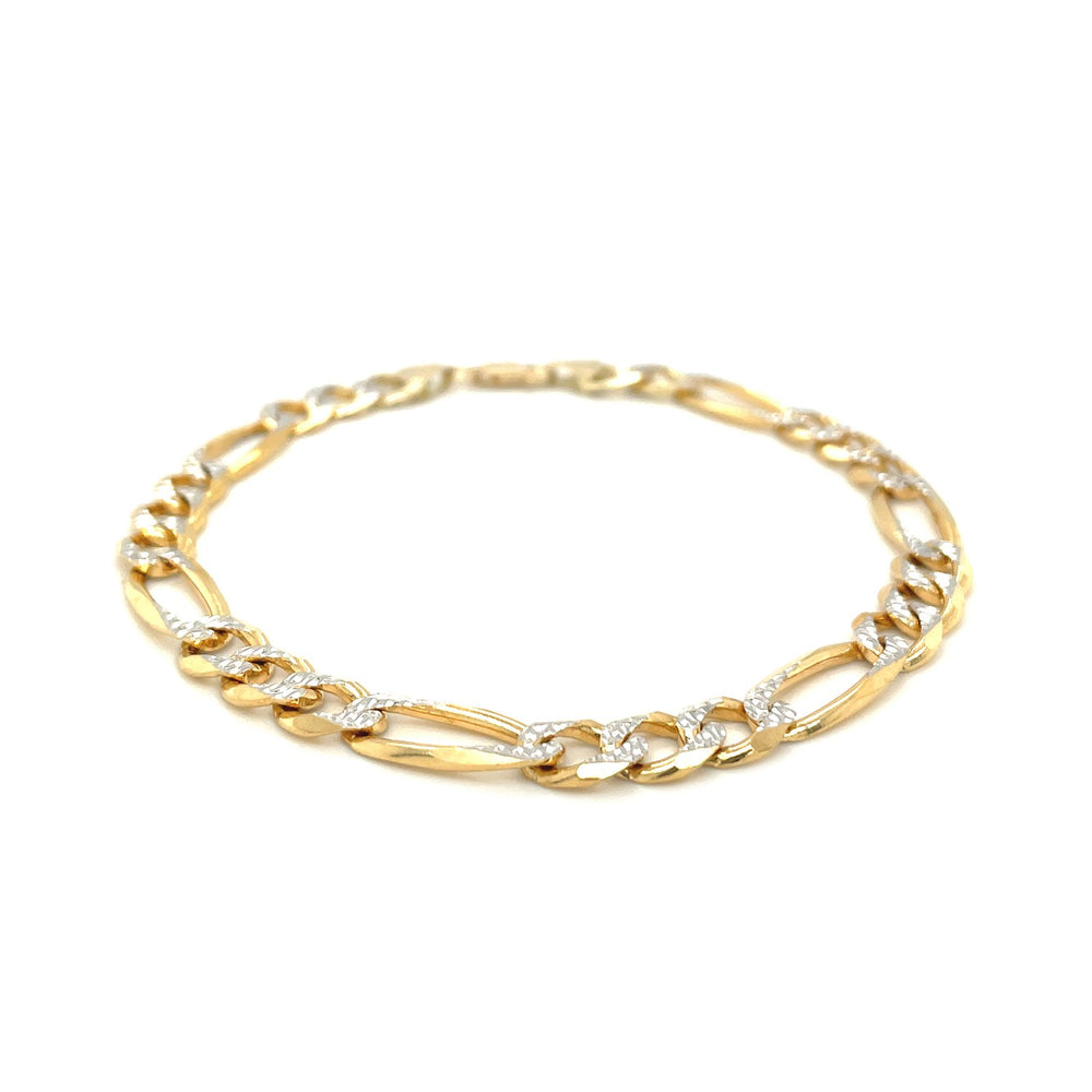 7.0mm 14K Yellow Two Tone Solid Pave Figaro Bracelet