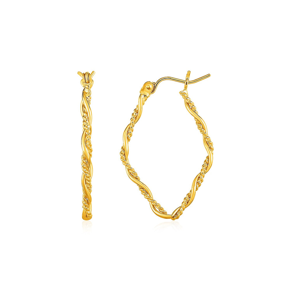 Textured and Shiny Twisted Diamond Shaped Hoop Earrings in 14k Yellow Gold
