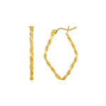 Textured and Shiny Twisted Diamond Shaped Hoop Earrings in 14k Yellow Gold