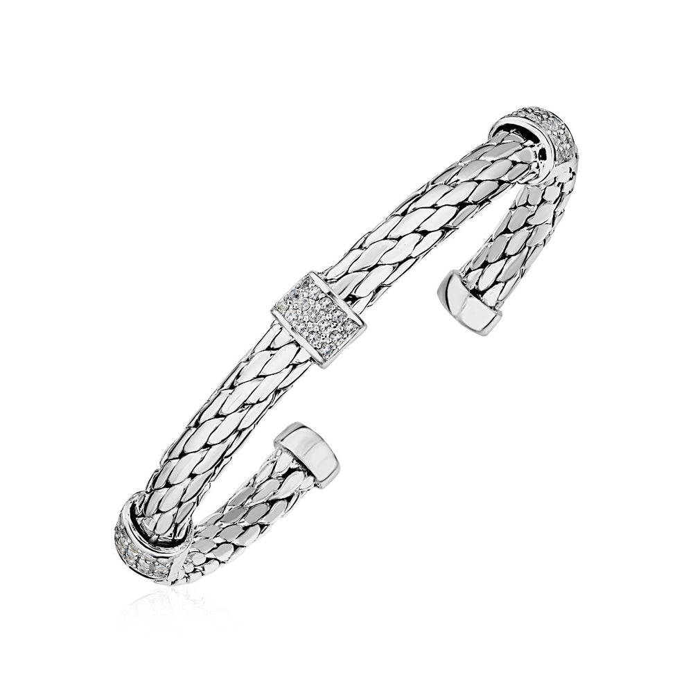 Woven Rope Cuff Bangle with White Sapphire Accents in Sterling Silver