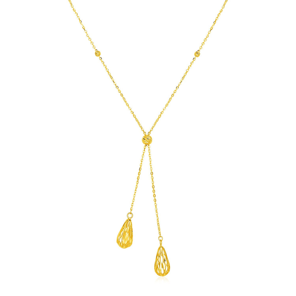 14k Yellow Gold Lariat Style Necklace with Textured Teardrops