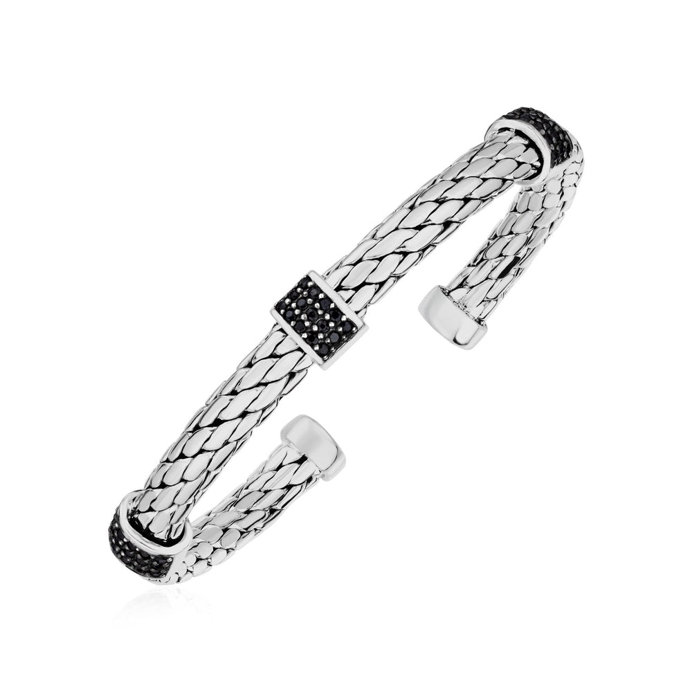 Woven Rope Cuff Bangle with Black Sapphire Accents in Sterling Silver