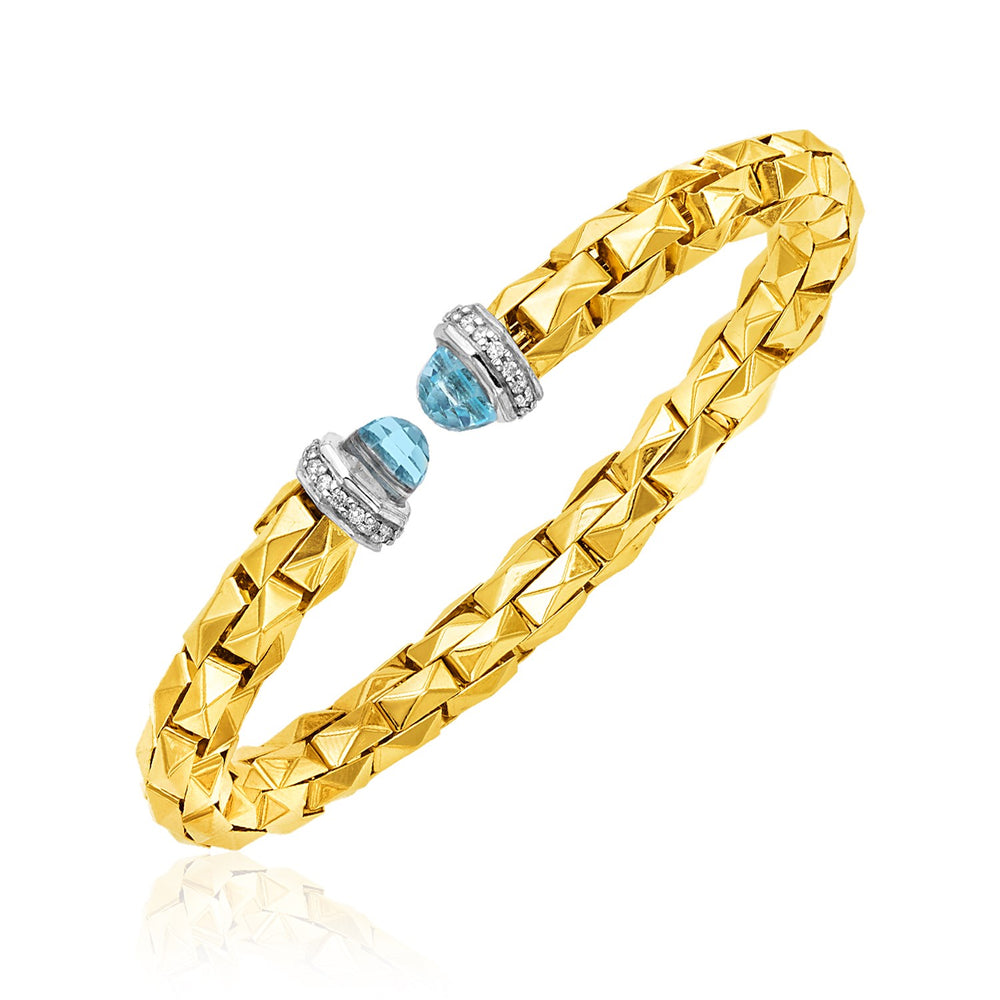 14k Two Tone Gold Pyramid Link Cuff with Diamonds and Blue Topaz