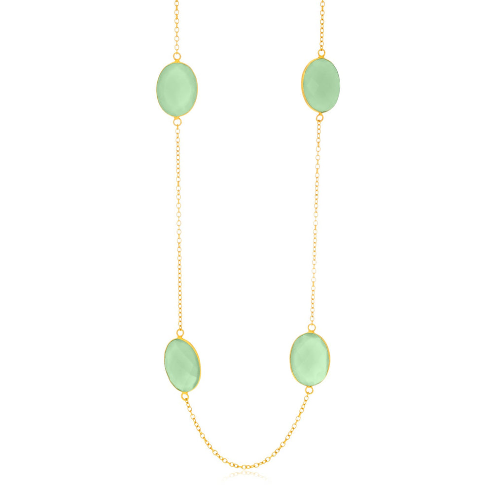 Sterling Silver Yellow Gold Plated Oval Aqua Chalcedony Station Chain Necklace