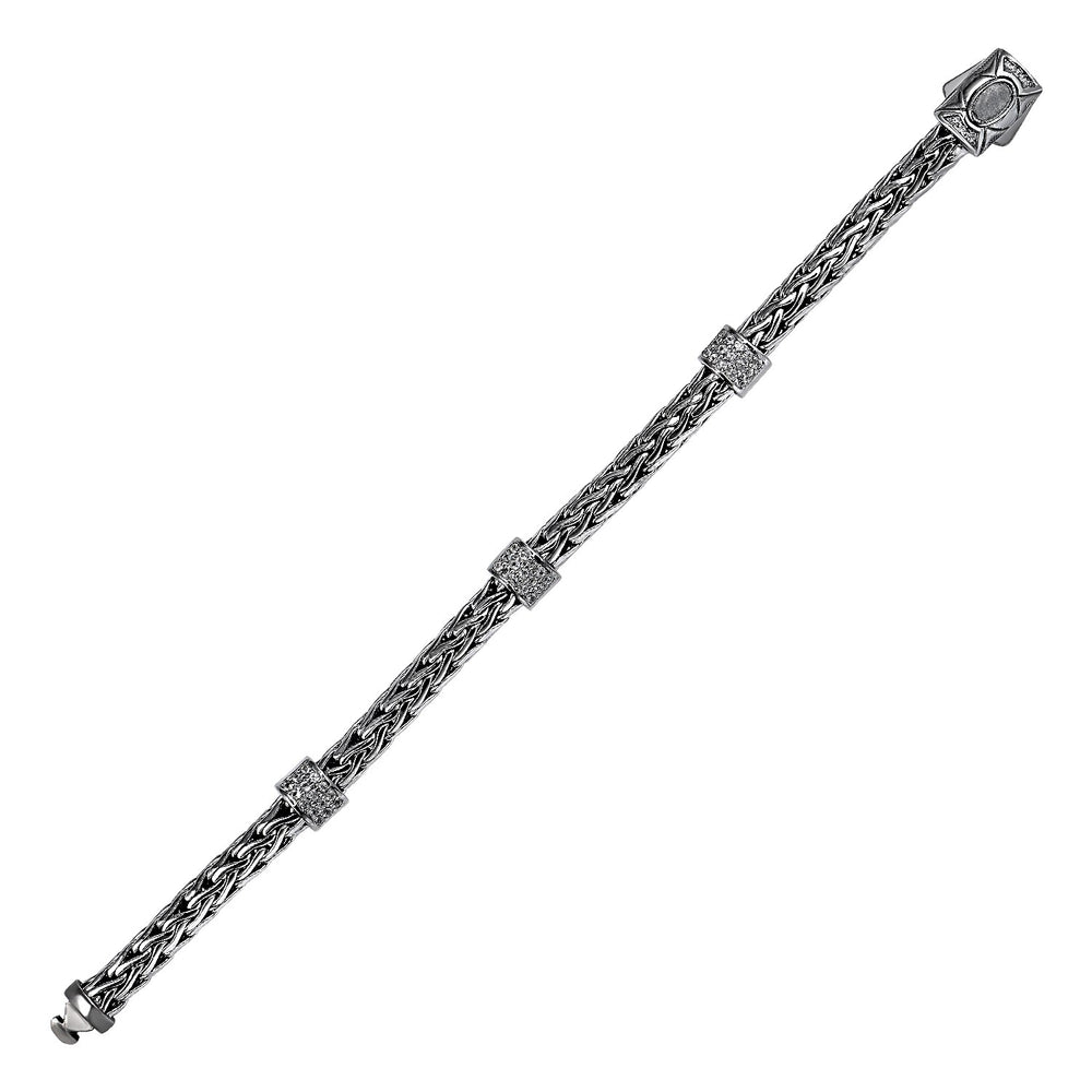 Woven Bracelet with White Sapphire Accents and Black Finish in Sterling Silver
