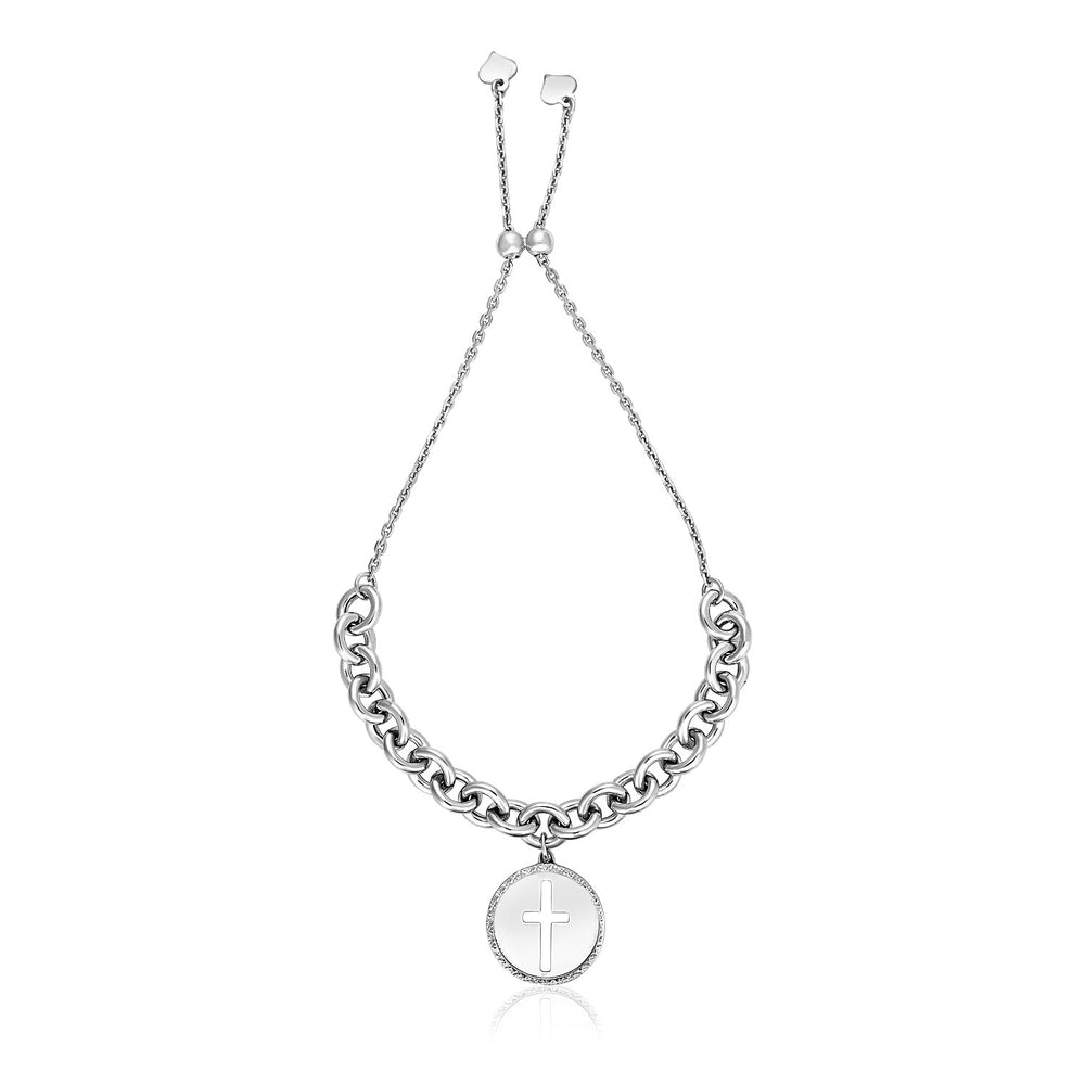 Sterling Silver 9 1/4 inch Adjustable Bracelet with Chain and Cross Charm