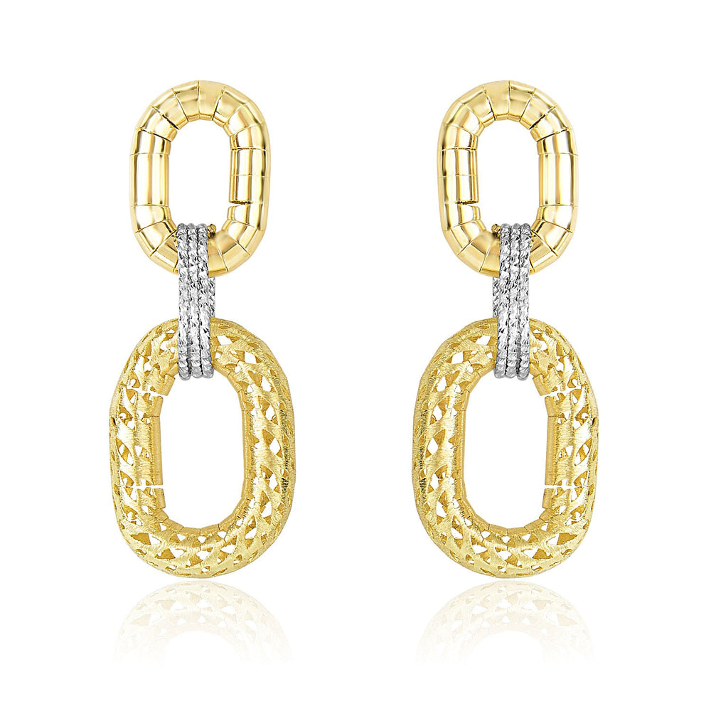 14k Two-Tone Gold Diamond Cut Texture Oval Shape Drop Earrings