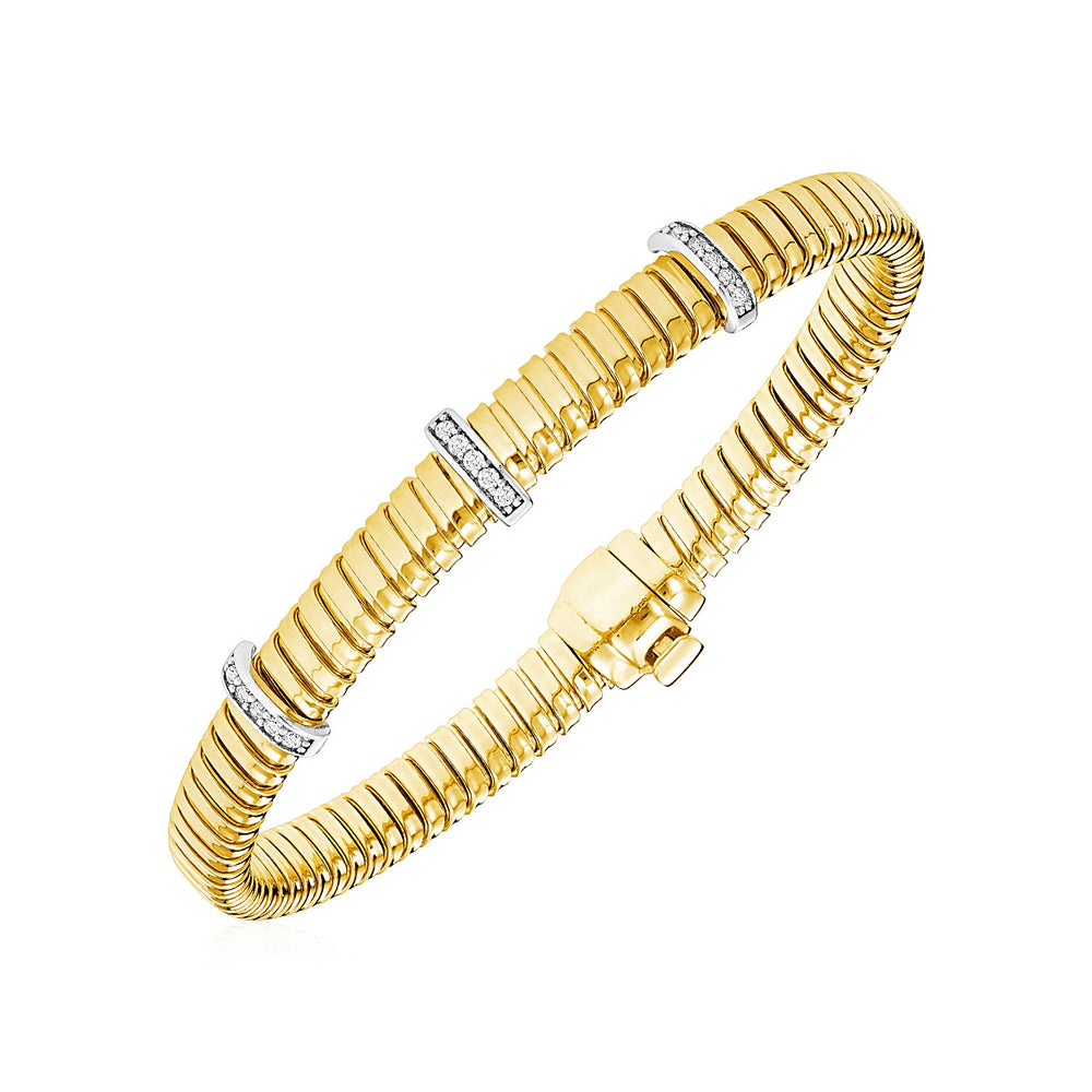 14k Two Tone Gold 7 1/2 inch Cable Textured Bracelet with Diamonds
