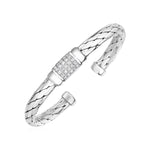 Woven Rope Cuff Bangle with White Sapphire Accents in Sterling Silver