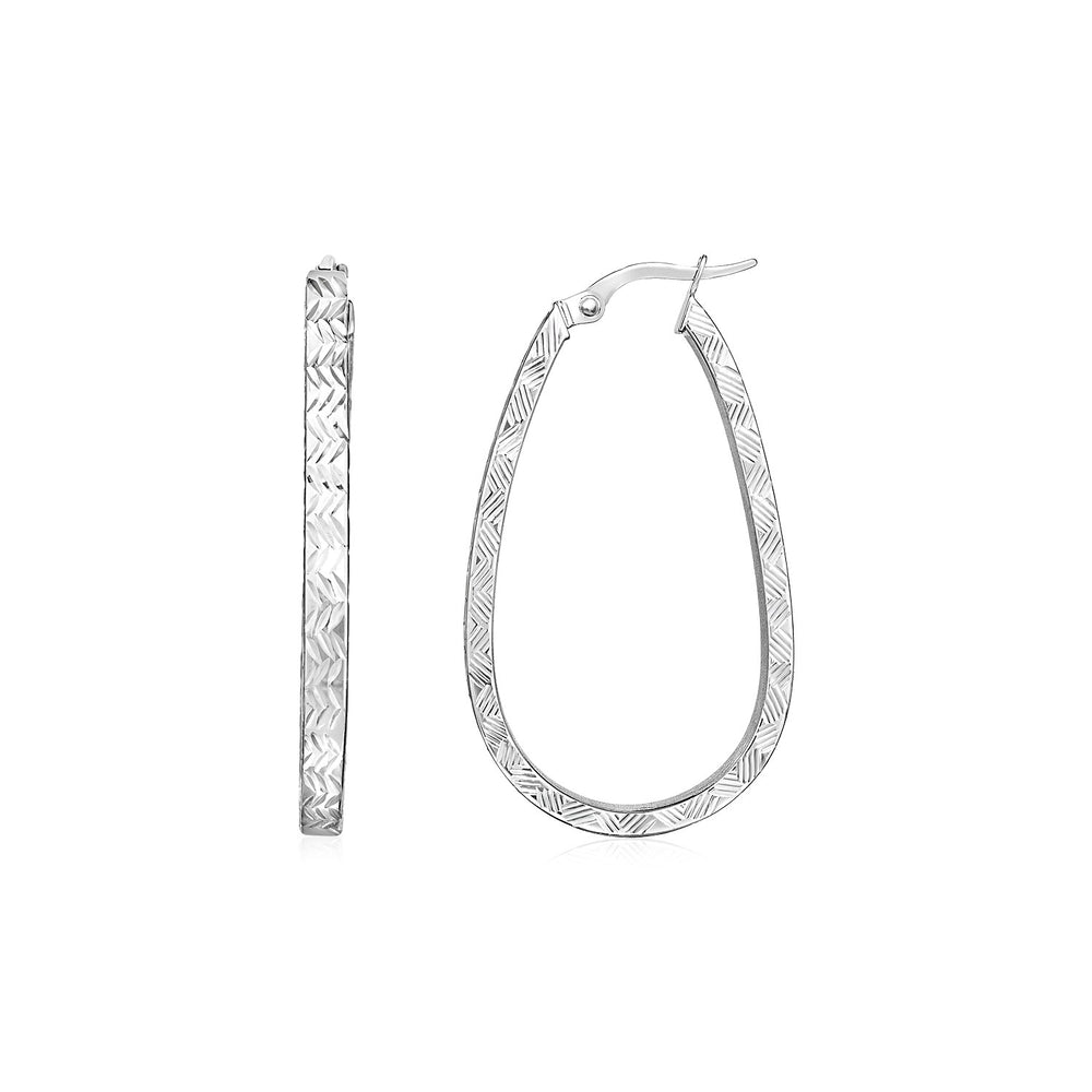 14k White Gold Oval Shaped Textured Hoop Earrings