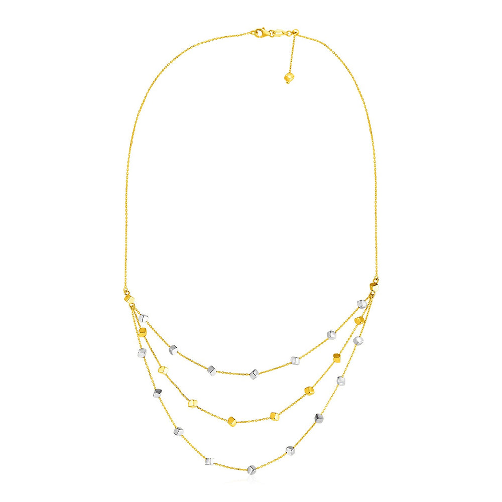 14k Tri Color Gold Three Part Necklace with Polished Cubes