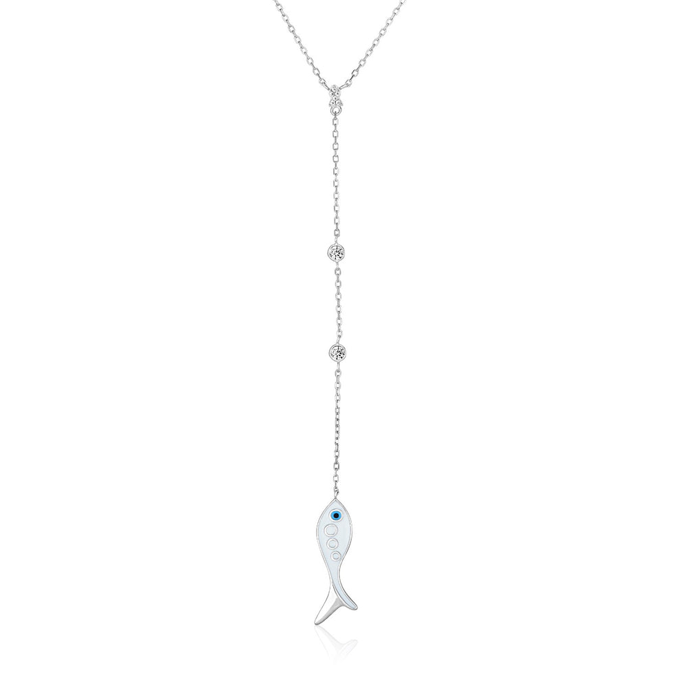 Sterling Silver 18 inch Lariat Necklace with Polished Fish and Cubic Zirconias