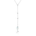 Sterling Silver 18 inch Lariat Necklace with Polished Fish and Cubic Zirconias