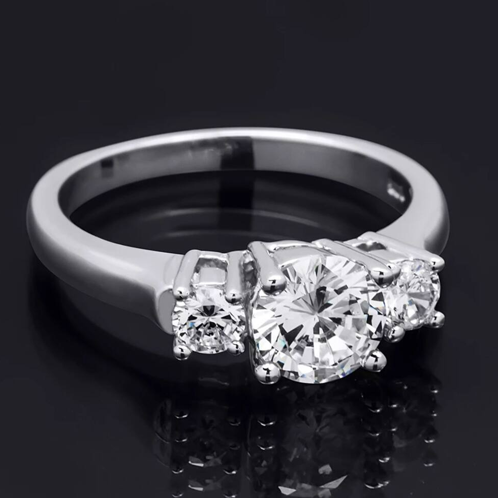 925 Sterling Silver Platinum Finish Brilliant Three Stone Engagement Ring