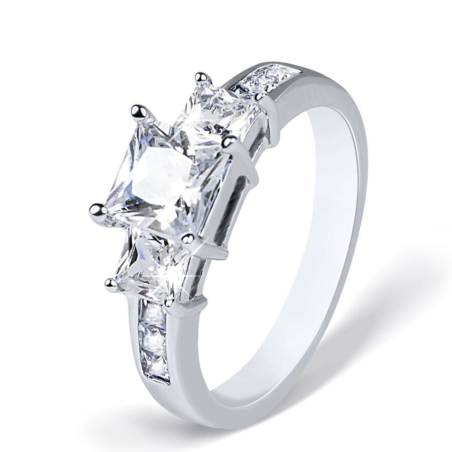 Womens 1.5 Carat CT 3 Stone Bridal Engagement Ring Princess Cut Sterling Silver