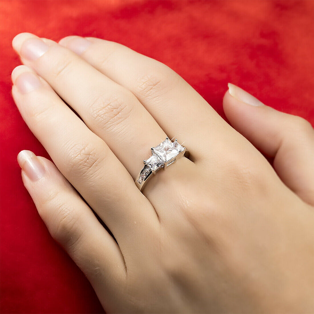 Womens 1.5 Carat CT 3 Stone Bridal Engagement Ring Princess Cut Sterling Silver