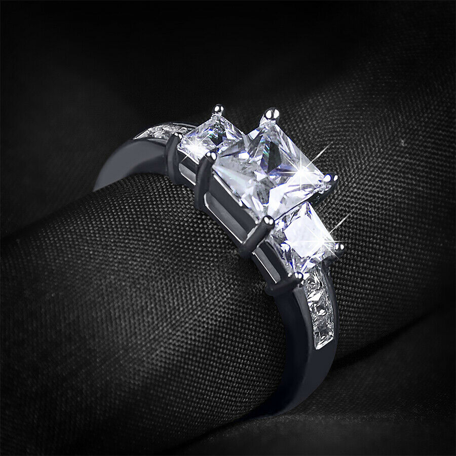 Womens 1.5 Carat CT 3 Stone Bridal Engagement Ring Princess Cut Sterling Silver